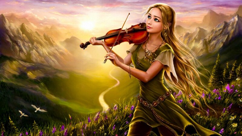 Elf Woman Playing Violin — Green, Serene, Sunset