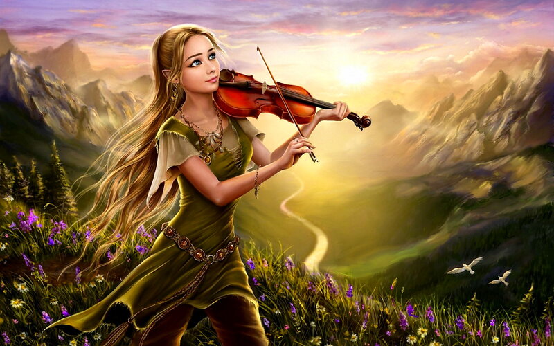 Elf Woman Playing Violin — Green, Serene
