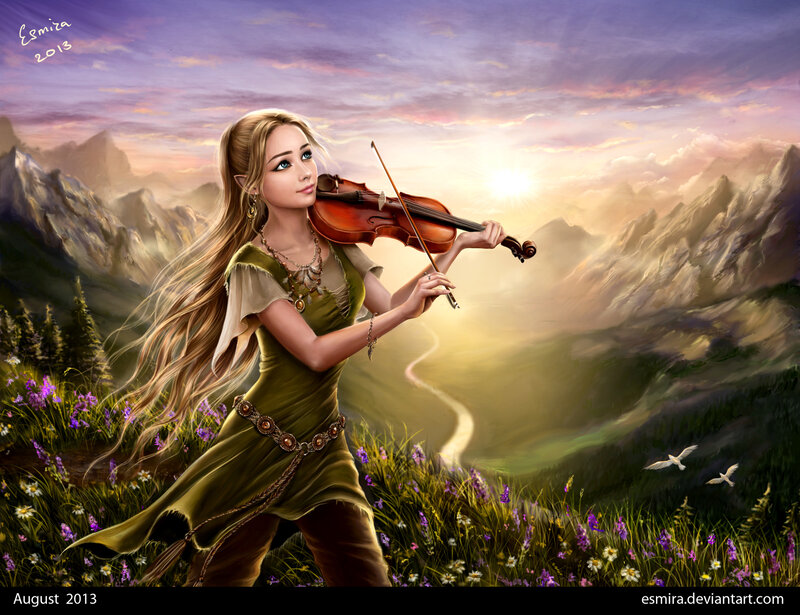 Elf Woman Playing Violin — Green
