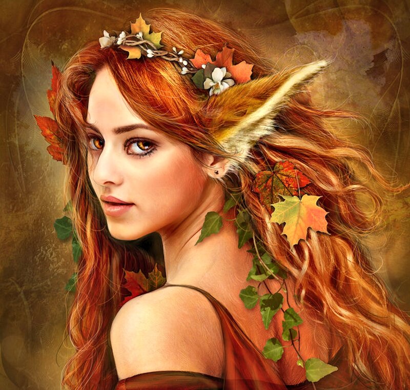 Elf Woman with Autumn Leaves