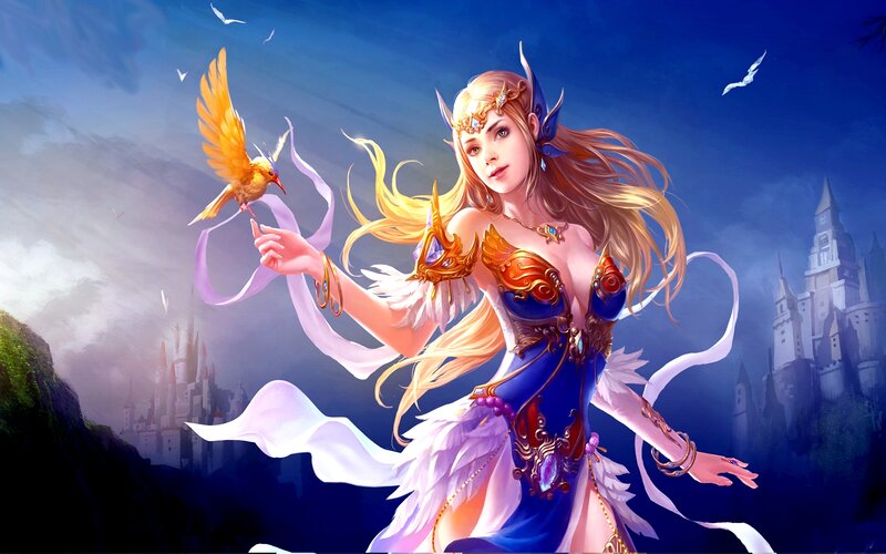 Elf Woman with Bird — Blue, Dramatic