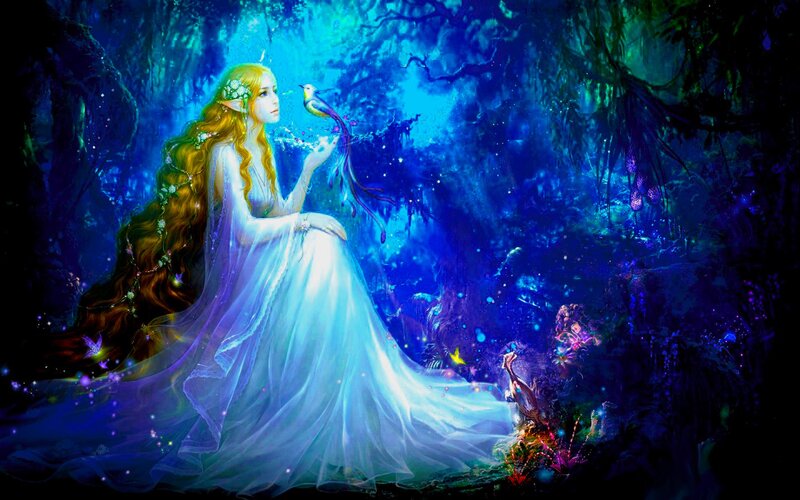 Elf Woman with Bird — Blue, Serene, Night