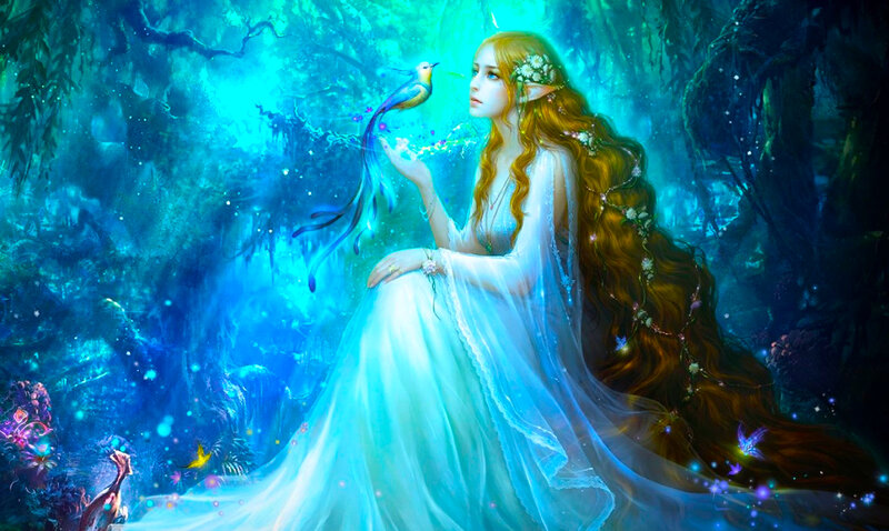 Elf Woman with Bird — Blue, Serene