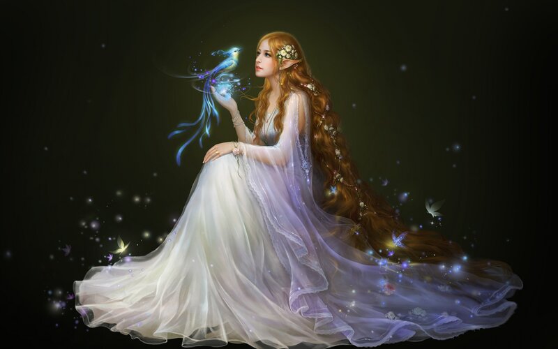 Elf Woman with Bird — White, Serene, Night