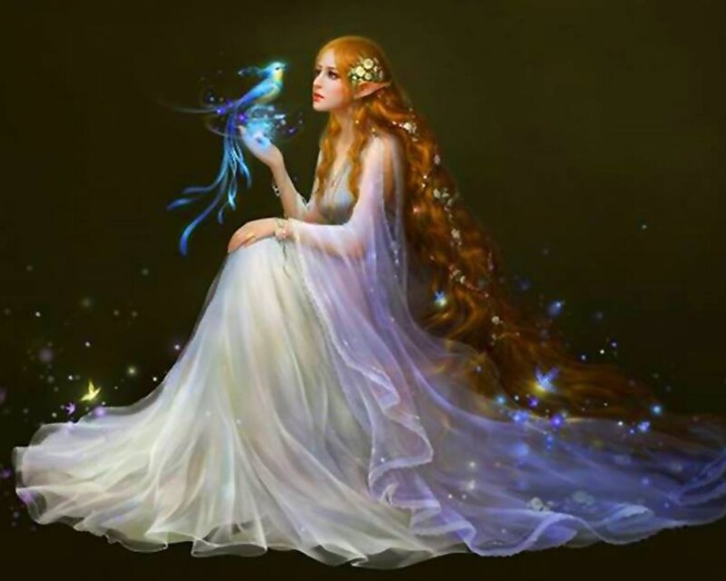 Elf Woman with Bird — White, Serene