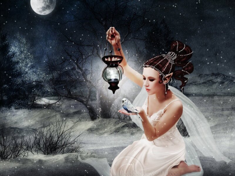 Elf Woman with Bird — White