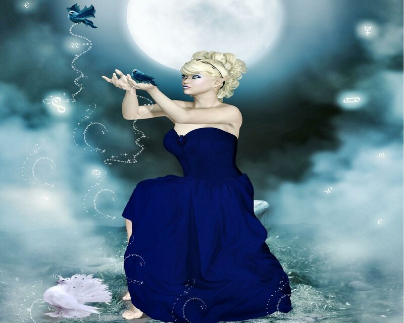 elf woman with birds and moon