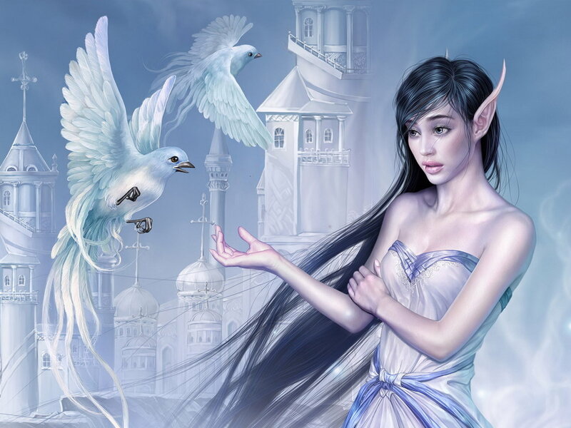 Elf Woman with Birds — Blue, Serene, Digital Art, Castle, Long Hair
