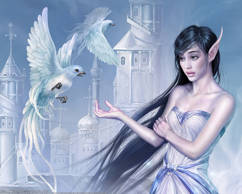 Elf Woman with Birds — Blue, Serene
