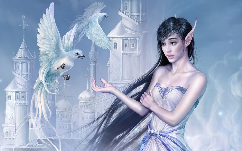 Elf Woman with Birds — Blue