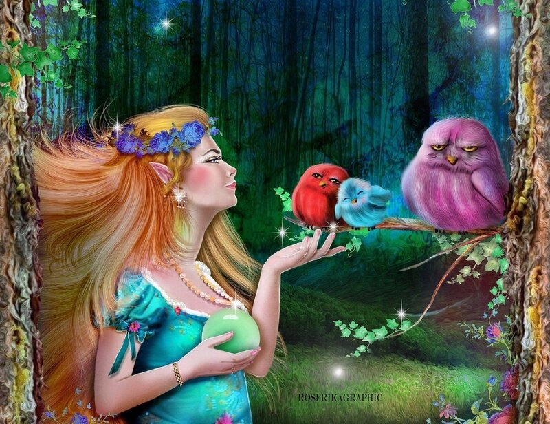 Elf Woman with Birds — Green