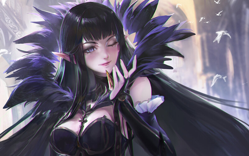 Elf Woman with Black Wings — Dramatic, Digital Art, Clothing