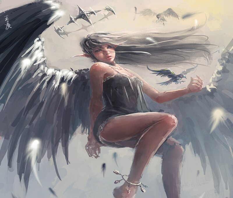 Elf Woman with Black Wings — Gray