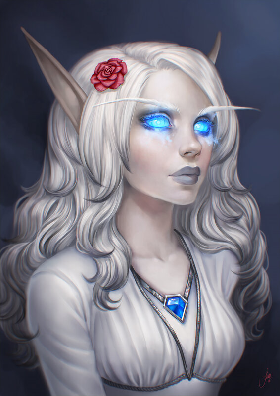 Elf Woman with Blue Eyes — White, Dramatic, Digital Art