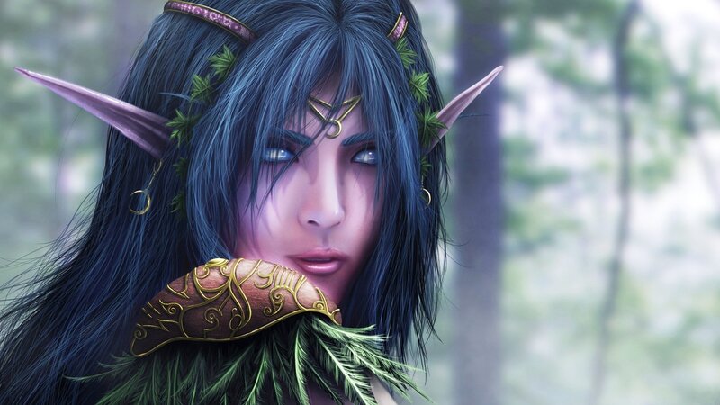 Elf Woman with Blue Hair — Serene, Digital Art, Pointed Ears
