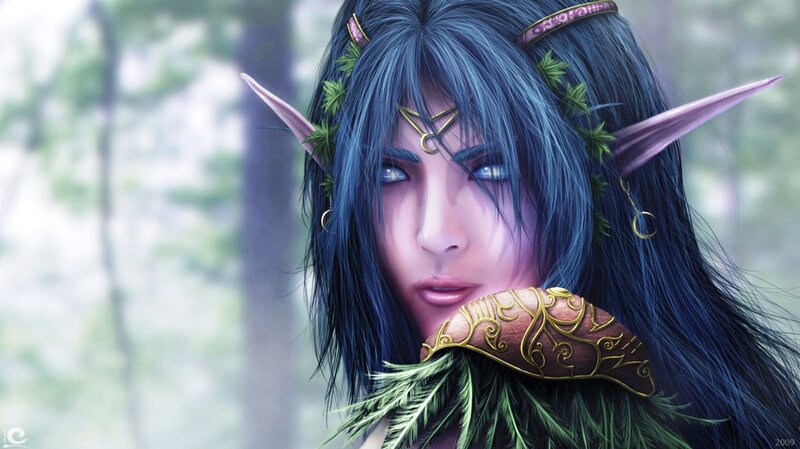Elf Woman with Blue Hair — Serene, Digital Art