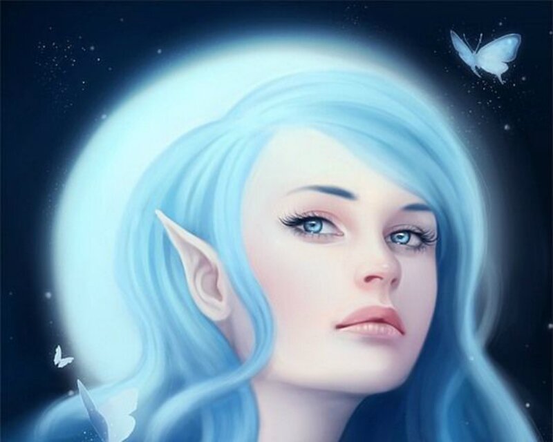 Elf Woman with Blue Hair — Serene, Night, Digital Art