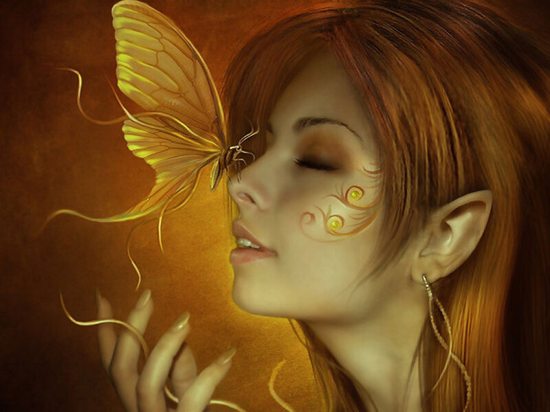 Elf Woman with Butterfly — Brown, Serene