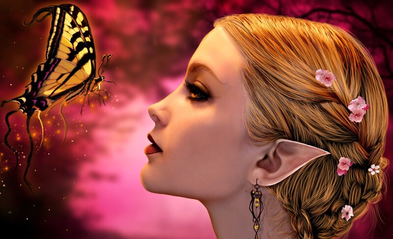 Elf Woman with Butterfly — Pink, Serene, Night, Digital Art, Flowers, Earrings