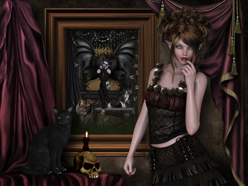 Elf Woman with Cat — Maroon
