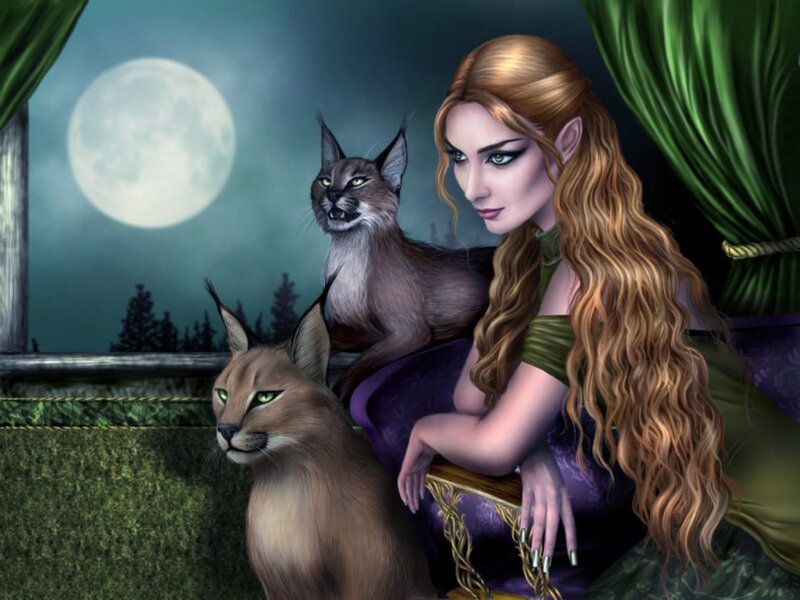 Elf Woman with Cats — Green