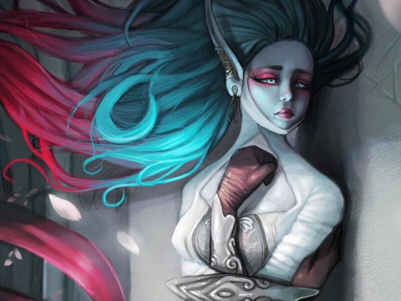 Elf Woman with Colorful Hair — Blue, Dramatic, Digital Art, Earring