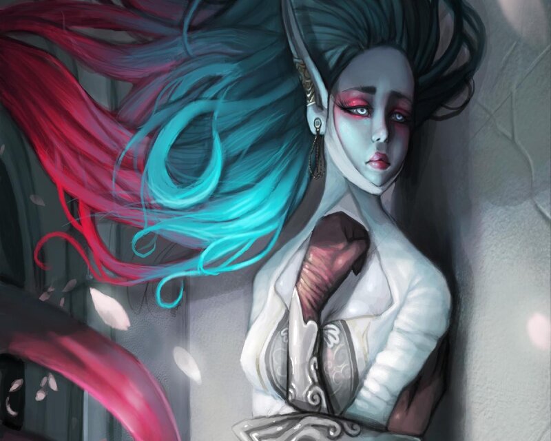 Elf Woman with Colorful Hair — Blue, Dramatic, Digital Art