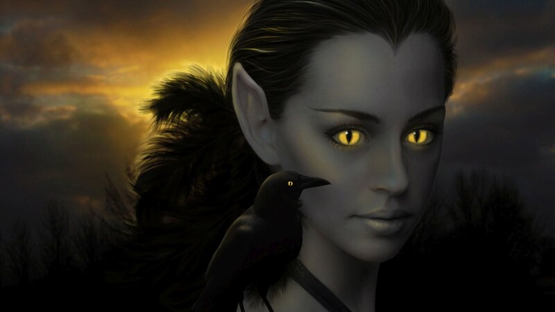 Elf Woman with Crow — Black