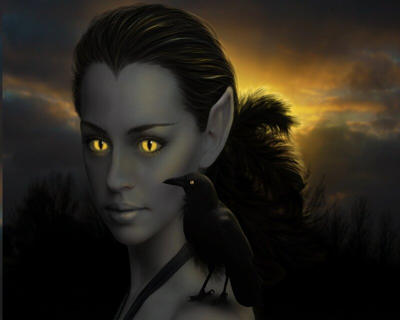 Elf Woman with Crow — Gray, Dramatic
