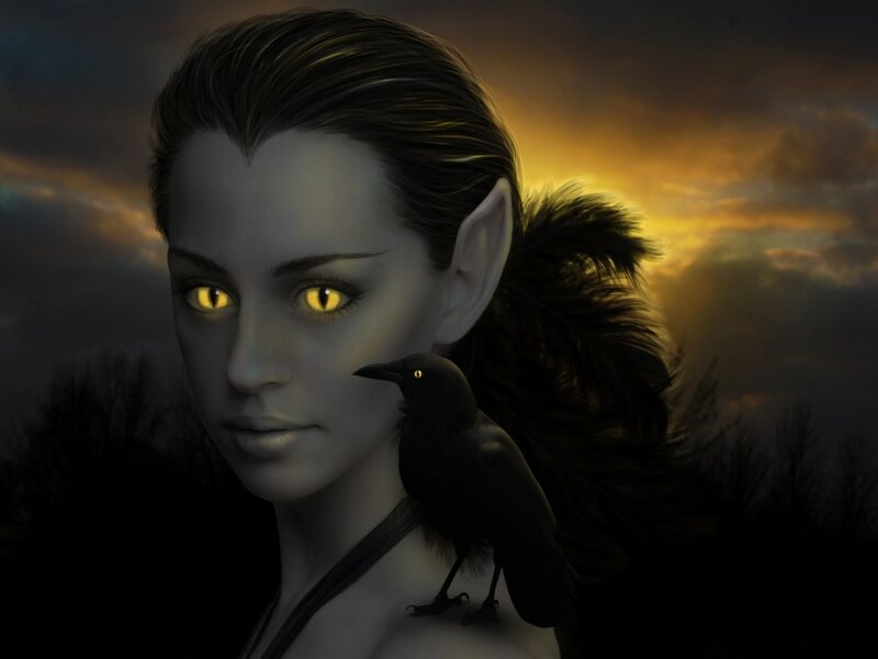 Elf Woman with Crow — Gray