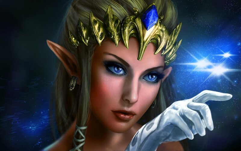 Elf Woman with Crown — Blue, Dramatic, Night, Digital Art, Gloves