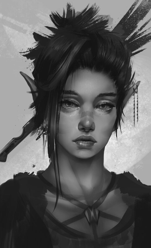 Elf Woman with Dagger — Black, Serious