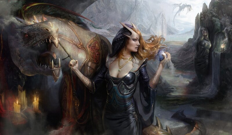 Elf Woman with Dragon — Black, Dramatic, Digital Art