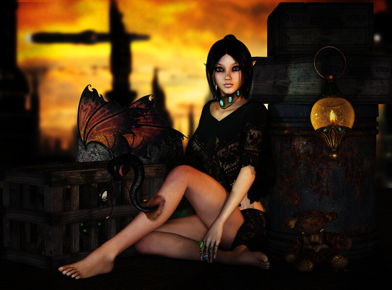 Elf Woman with Dragon — Black, Dramatic