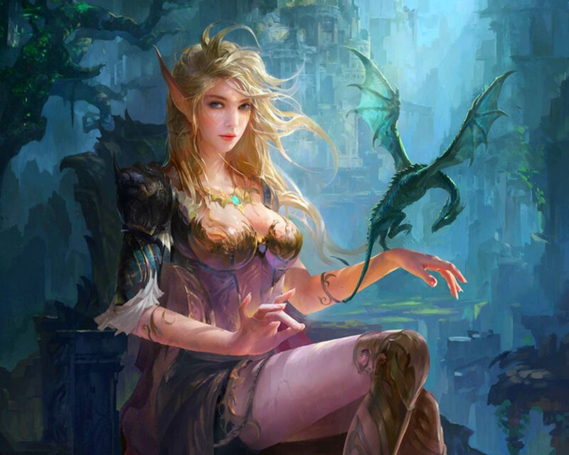 Elf Woman with Dragon — Blue, Dramatic, Digital Art, Castle