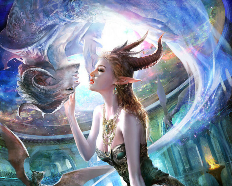 Elf Woman with Dragon — Blue, Dramatic, Digital Art