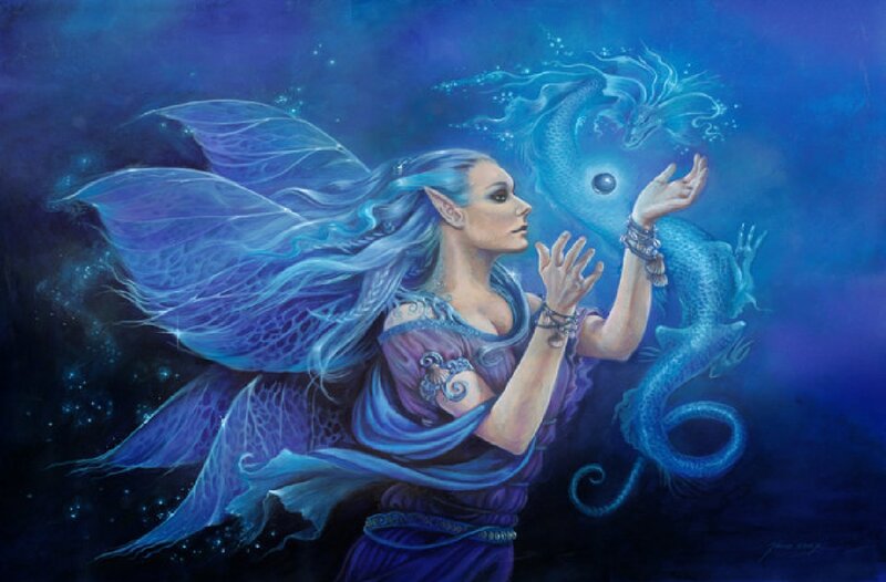 Elf Woman with Dragon — Blue, Mystical