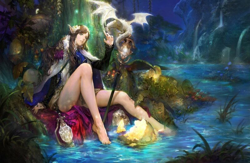 Elf Woman with Dragon — Blue, Serene, Night