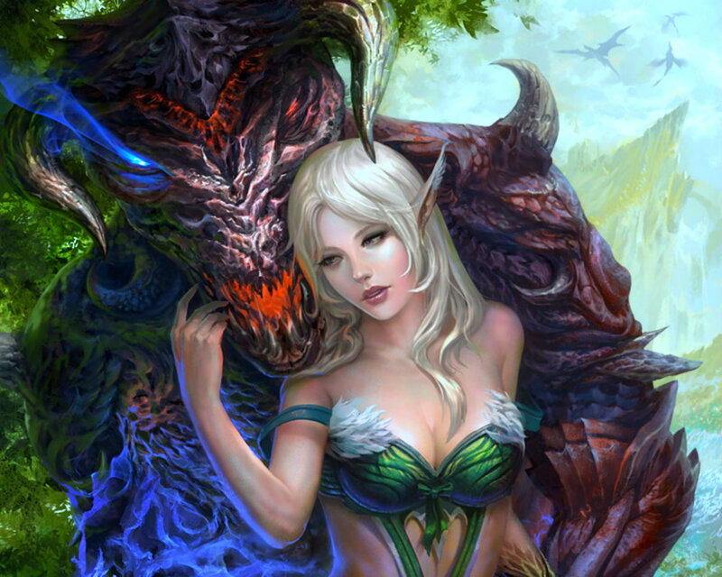 Elf Woman with Dragon — Green, Dramatic, Afternoon