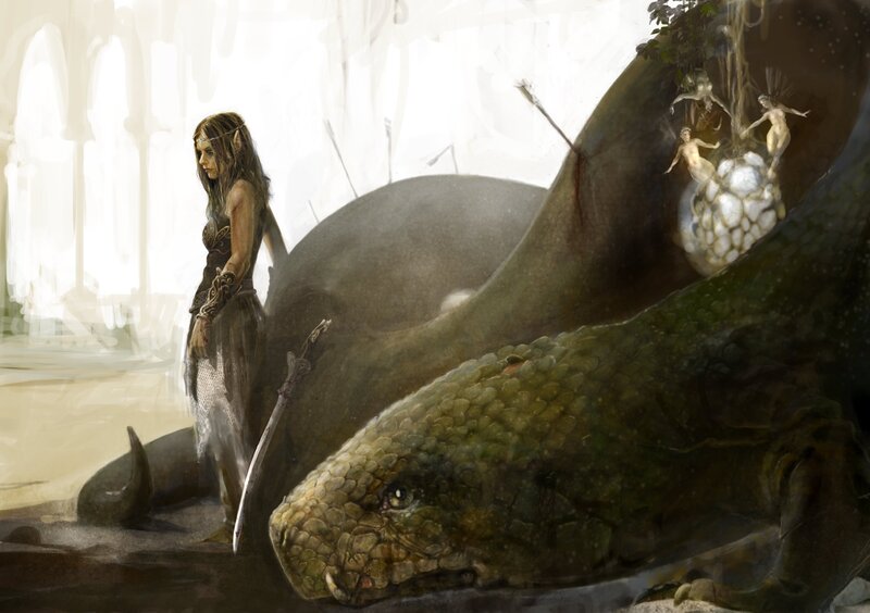 Elf Woman with Dragon — Green, Dramatic, Digital Art, Sword, Fairy