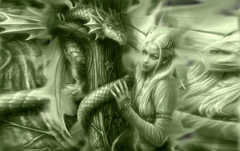 Elf Woman with Dragon — Green, Dramatic, Digital Art, Winged Creature