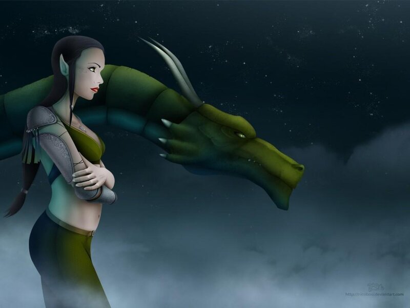Elf Woman with Dragon — Green, Dramatic, Night, Digital Art, Night Sky