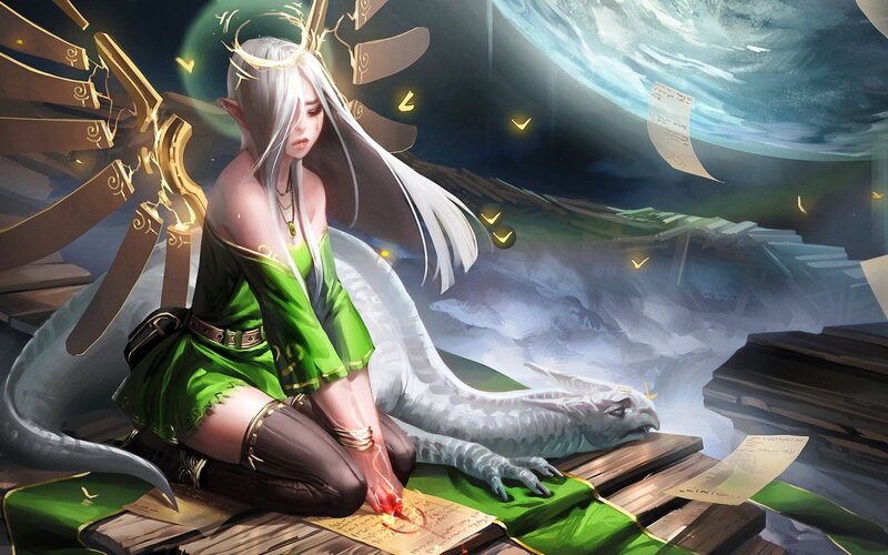 Elf Woman with Dragon — Green, Dramatic, Night, Digital Art, Scrolls