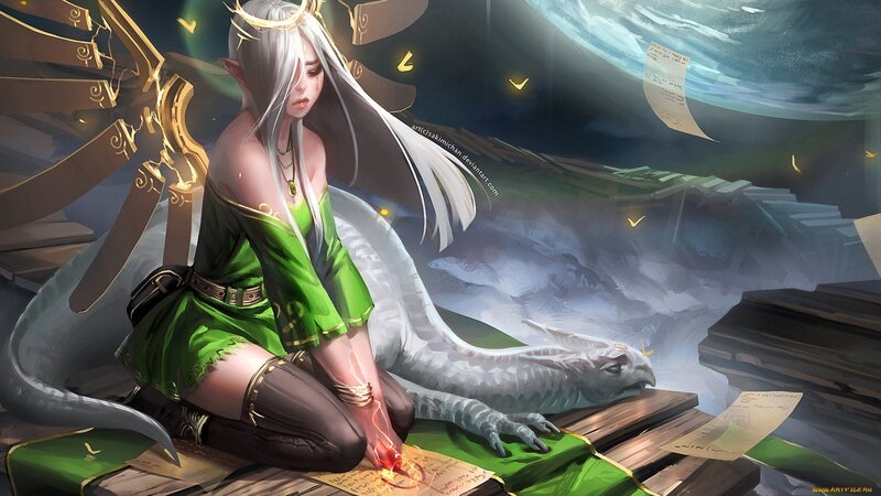 Elf Woman with Dragon — Green, Dramatic, Night, Digital Art, Scrolls, Winged Armor