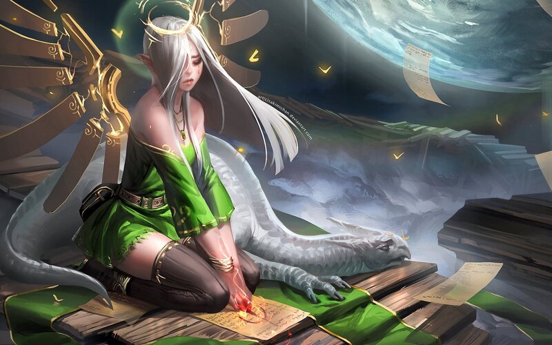 Elf Woman with Dragon — Green, Dramatic, Night, Digital Art, Scrolls, Wings