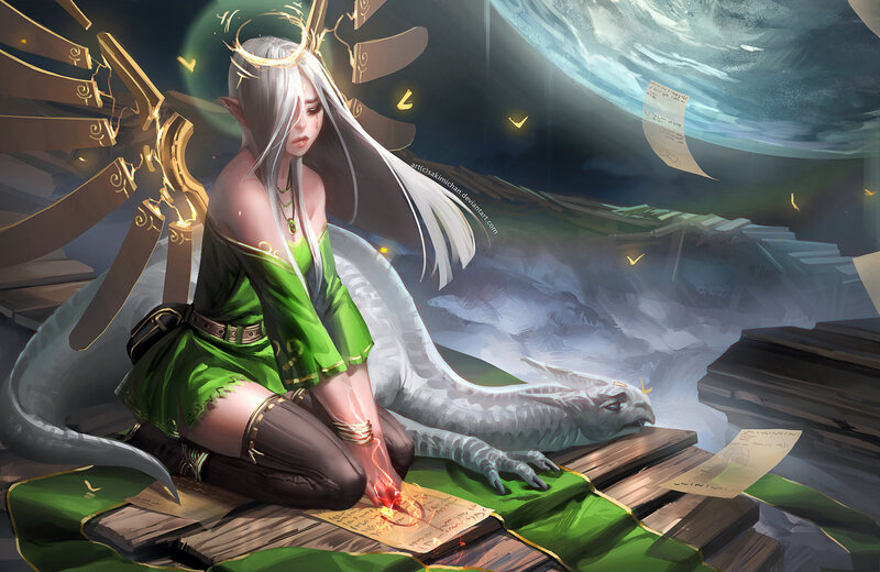 Elf Woman with Dragon — Green, Dramatic, Night, Digital Art