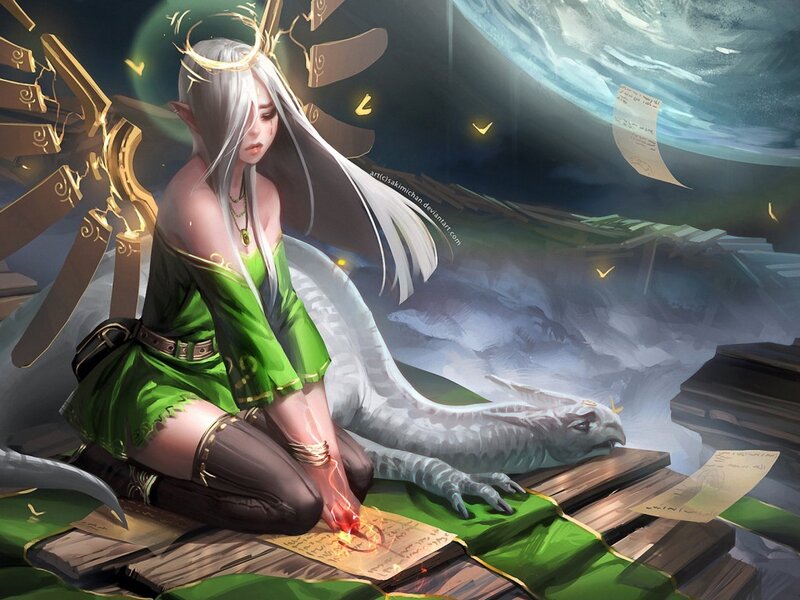 Elf Woman with Dragon — Green, Dramatic, Night