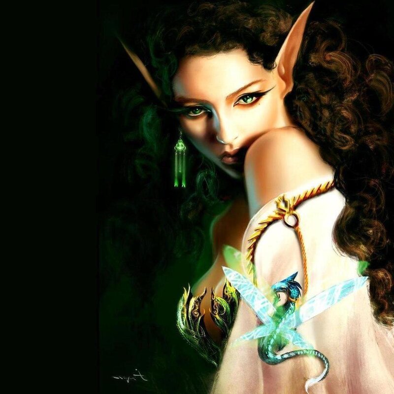 Elf Woman with Dragon — Green, Dramatic