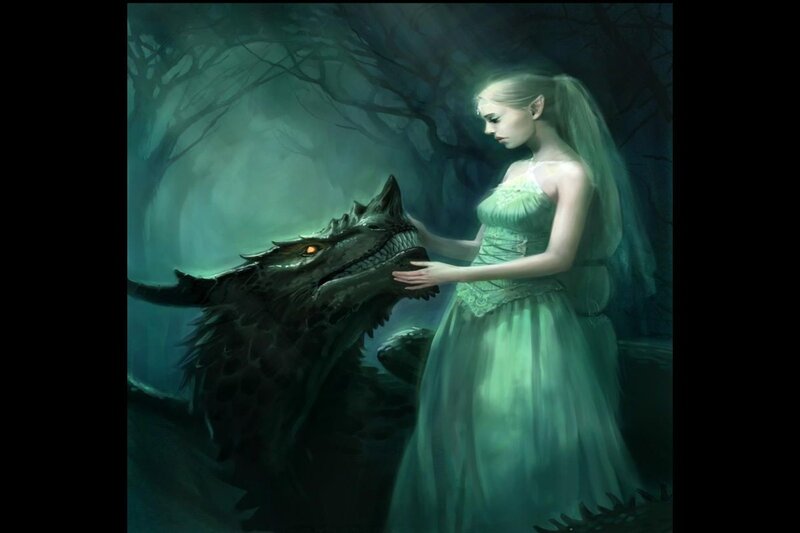 Elf Woman with Dragon — Green, Serene, Night, Digital Art