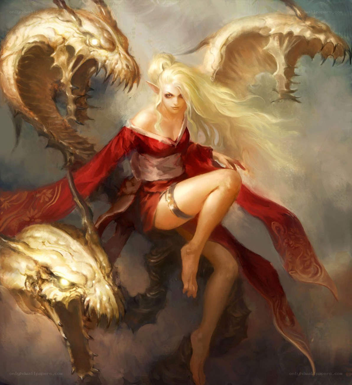 elf woman with dragon heads